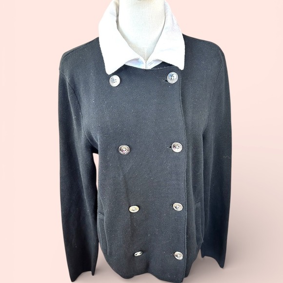 LAUREN Ralph Lauren VTGE Black Double Breasted Knit Collar Cardigan Sweater LGE - Picture 3 of 13